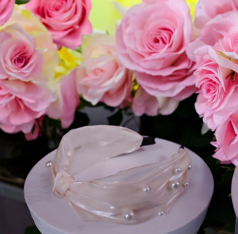 Glossy Cream Satin Knotted Headband with Pearls