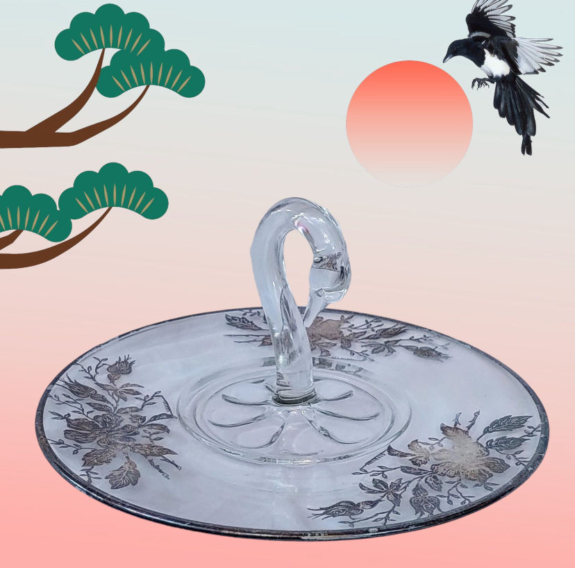 Vintage Tray Paden city glass swan Handle & Sterling Silver