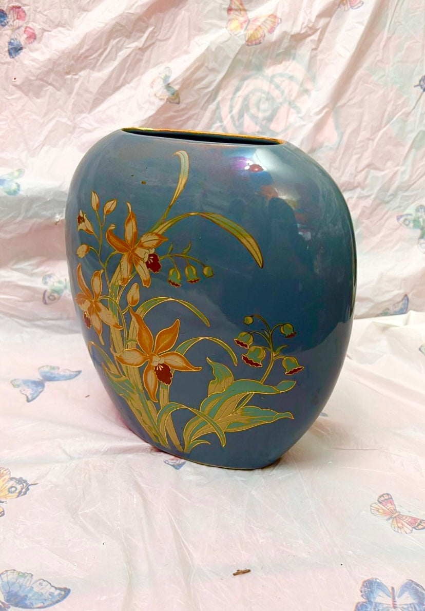 Vintage Japanese Fine China Blue Floral Vase with Gold Accents