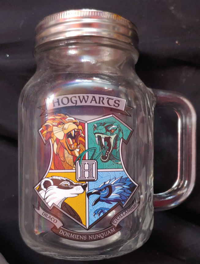 21oz Vintage Collectible Glass Mason Jar Mug w Stainless Steel Lid, Hogwarts Harry Potter