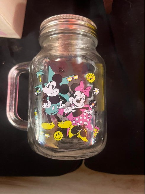 21oz Vintage Collectible Glass Jar Mug w Stainless Steel Lid, Mickey & Minnie