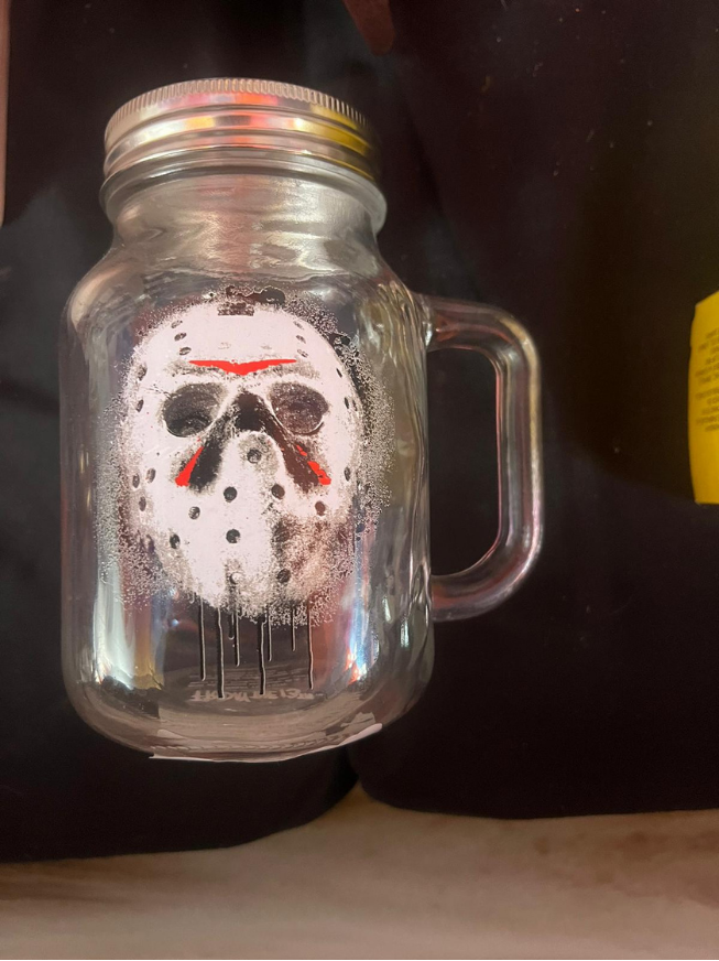 21oz Vintage Collectible Glass Jar Mug w Stainless Steel Lid, Friday the 13th Jason