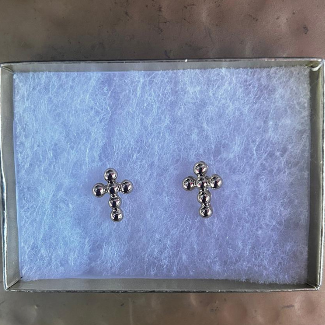Gold Beaded Cross Earrings