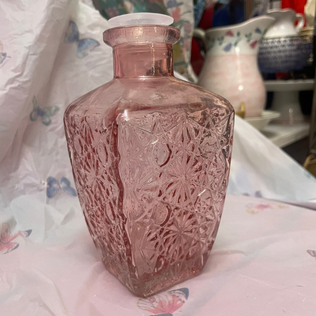 Vintage Pink Daisy & Button Footed Midcentury Decanter with Stopper Art Glass