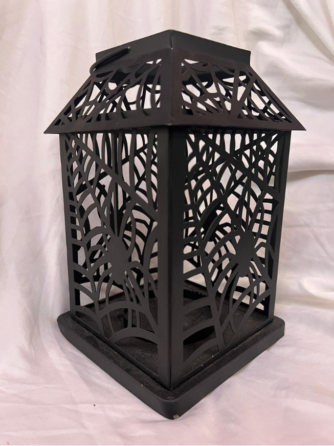 New Classic Black Metal Lantern with Spider Web Design 8" X 9"