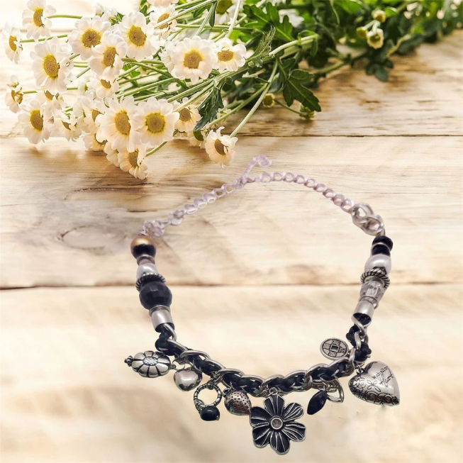 Necklace Flower Love Charms Dangle Black Bead silver