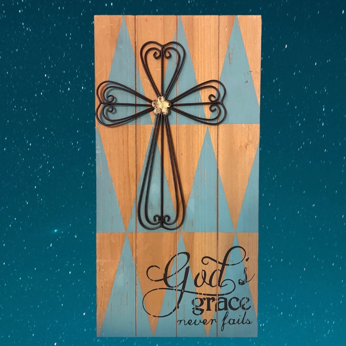 Vintage Wood Sign with Metal Cross - God’s Grace Never Fails