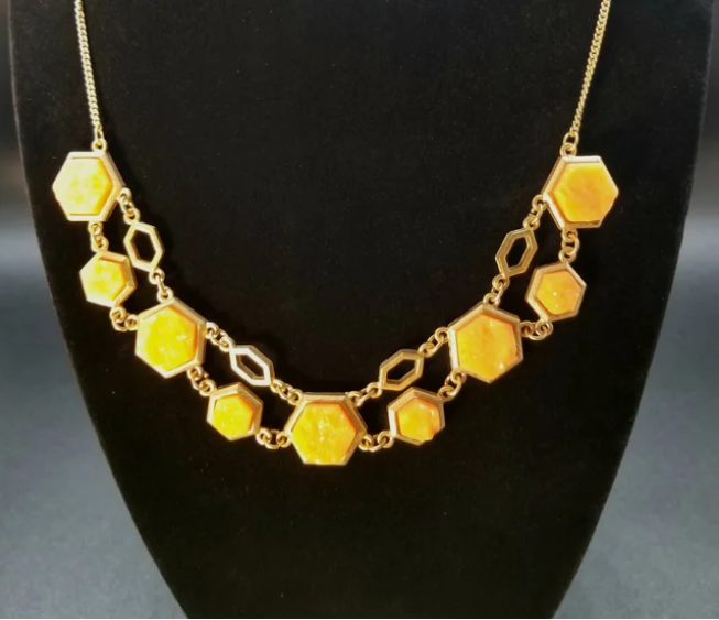 Golden Hexagon Colored Stone Necklaces (Orange)