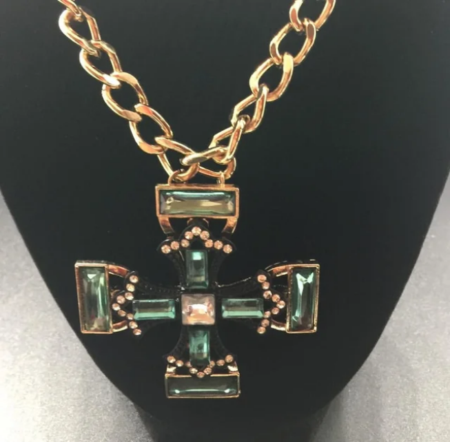 Cross Necklace with Rhinestones (Green)