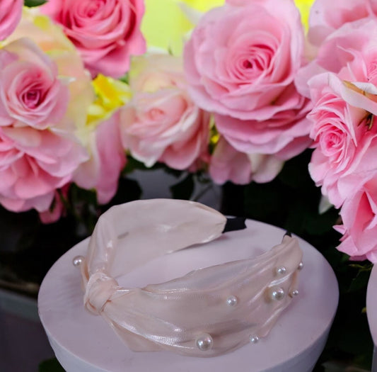 Glossy Cream Satin Knotted Headband with Pearls