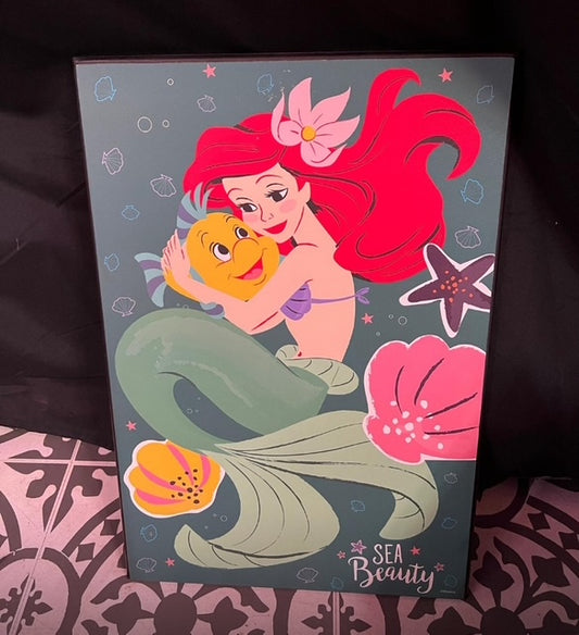 Vintage Sea Beauty Ariel and Flounder wood Artwork