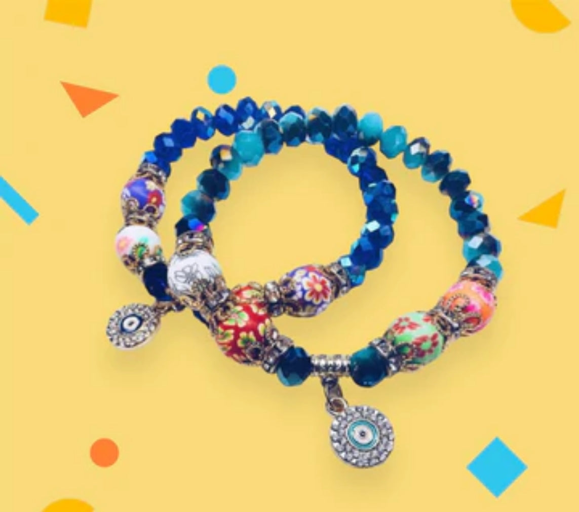 Blue Crystal and Painted Porcelain Evil Eye Beaded Bracelet