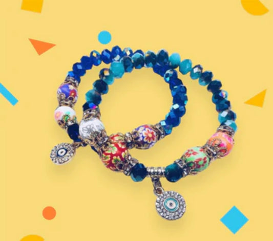 Blue Crystal and Painted Porcelain Evil Eye Beaded Bracelet