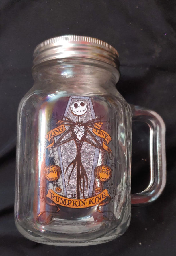 21oz Vintage Collectible Glass Mason Jar Mug w Stainless Steel Lid, Long Live Pumpkin King Nightmare Before Christmas