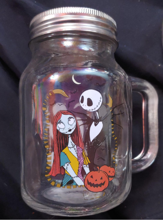 21oz Vintage Collectible Glass Mason Jar Mug w Stainless Steel Lid, Jack and Sally Nightmare Before Christmas