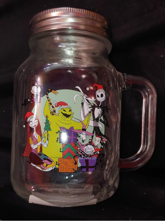 21oz Vintage Collectible Glass Mason Jar Mug w Stainless Steel Lid, Nightmare Before Christmas