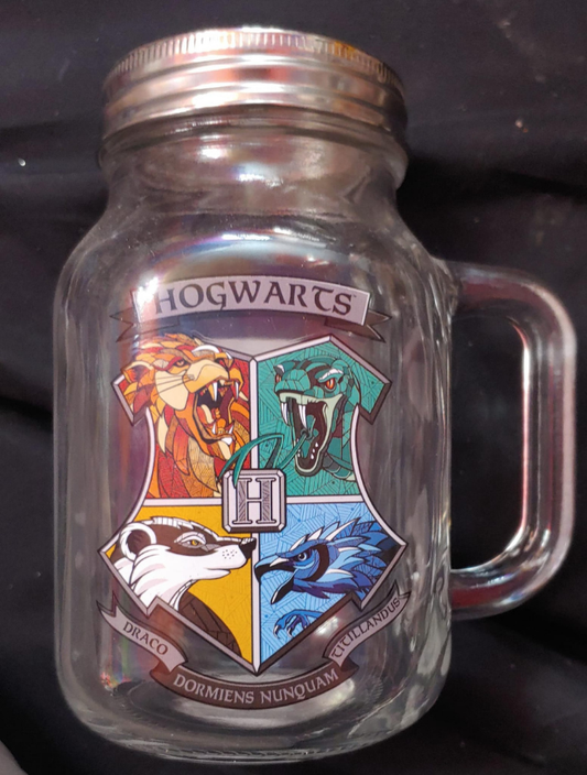 21oz Vintage Collectible Glass Mason Jar Mug w Stainless Steel Lid, Hogwarts Harry Potter