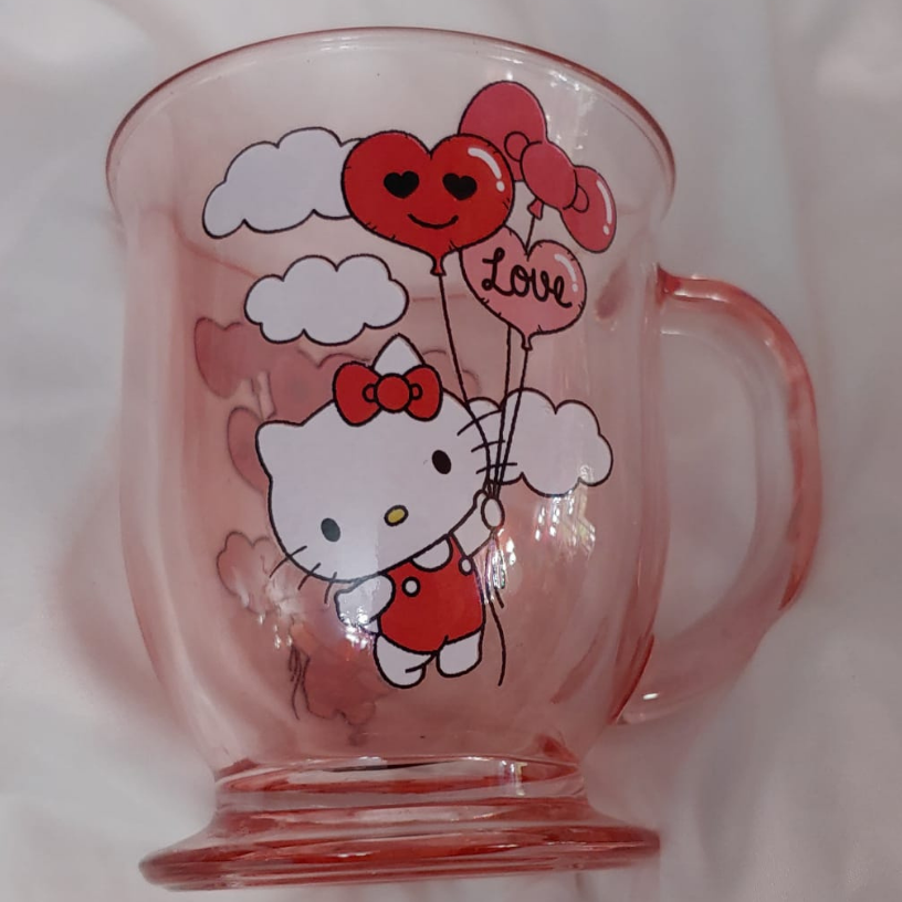 Vintage Hello Kitty Pink Glass Mug with Heart Balloons