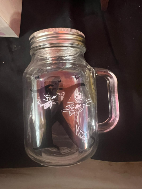 21oz Vintage Collectible Glass Jar Mug w Stainless Steel Lid, Nightmare Before Christmas