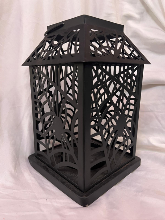 New Classic Black Metal Lantern with Spider Web Design  8" X 9"