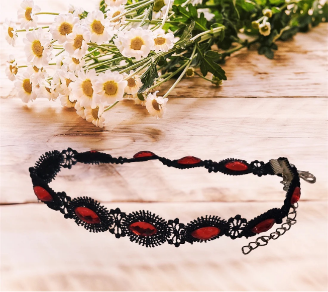 Black Choker w Red Plastic Gem Details
