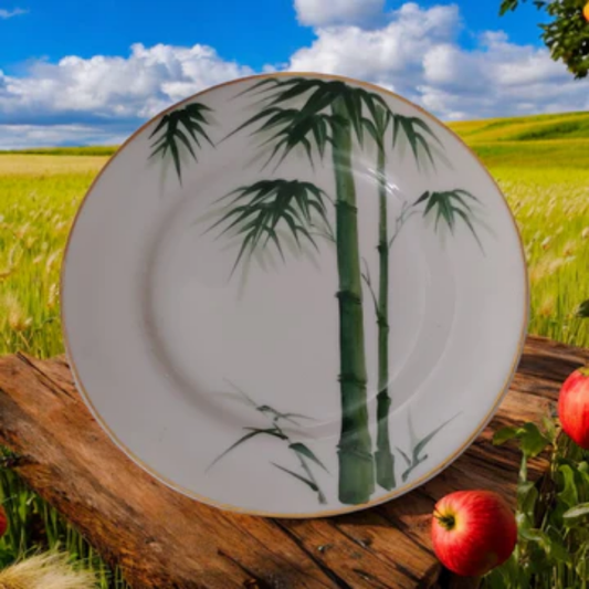 Vintage Japanese Ceramic Bamboo Print Plate with Gold Trim