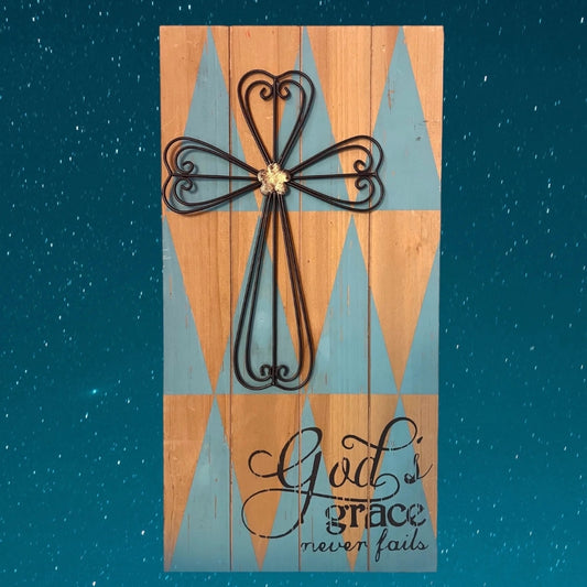 Vintage Wood Sign with Metal Cross - God’s Grace Never Fails