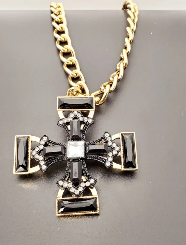 Cross Necklace with Rhinestones (Black)